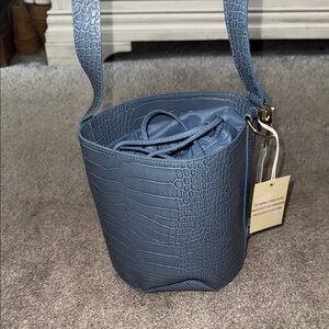 Croc-Embossed Bucket Bag in Slate Blue